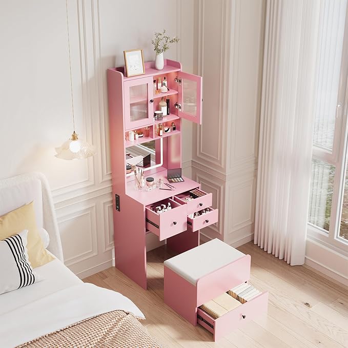 GarveeLife Compact Vanity, Make Up Vanity Desk with Mirror and Lights, White Vanity Table Set with Charger Station,Girls Small Vanity and Storage Chair
