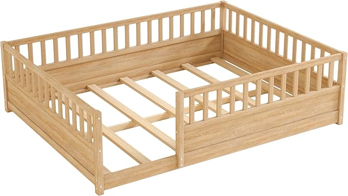 Bellemave Queen Floor Bed with high Fence, Solid Pine Wood Montessori Bed for Kids Girls Boys Floor Bed Frame, Natural with slats