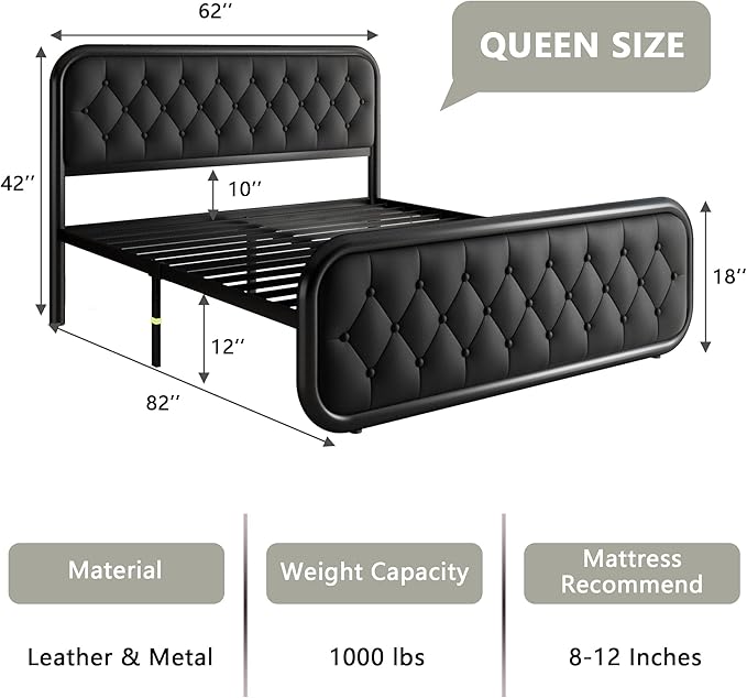 Feonase Queen Size Bed Frame, Heavy Duty Bed Frame with Faux Leather Headboard, Upholstered Platform Bed with Strong Metal Slats, 12" Under-Bed Storage, Noise-Free, Easy Assembly, Black