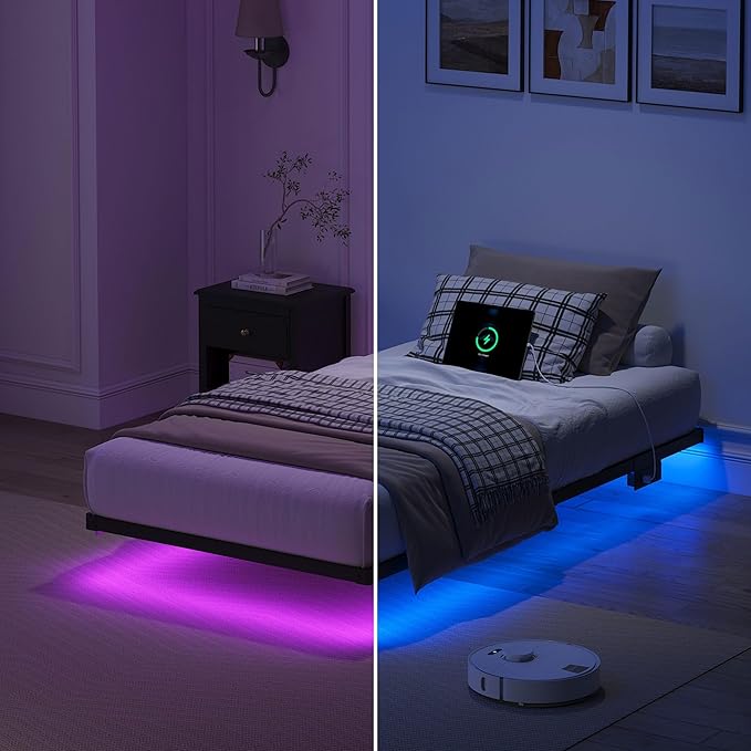 YORMDMO Floating Bed Frame Twin Size, Heavy Duty Bedframe with Smart LED Lights & Charging Station, Modern Metal Platform Bed, Easy Assembly No Box Spring Needed, 8 Inch