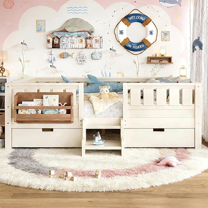 Bellemave Full Size Bed Frame with Storage Drawers & Bookshelf, Low Profile Kids Bed with Staircase & Full Length Guardrails, Solid Wood Full Size Bed Frame Kids with Slats Load 450 LBS, Beige