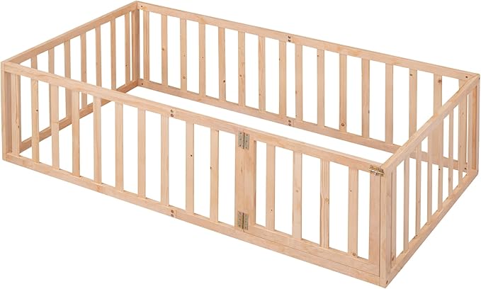 Bellemave Twin Size Montessori Floor Bed with 21.7" High Rails, Pine,Plywood Floor Bed with Small Door, Natural