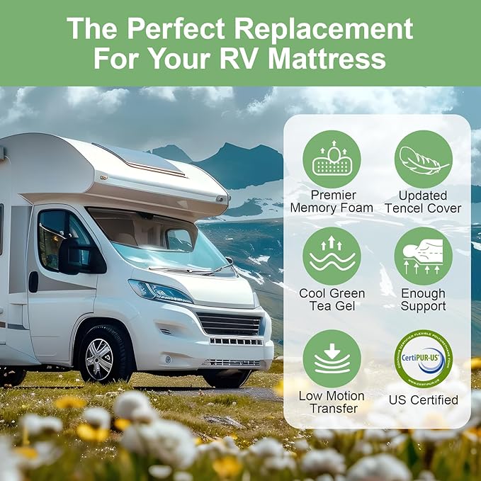 RV Mattress Short Queen 10 Inch,Premier Cool Green Tea Gel Memory Foam Mattresses for Camper/Truck/Trailer, Medium Firm-Mattress for Back Pain,Removable Fiberglass Free Cover,CertiPUR-US, 75'' x 60''