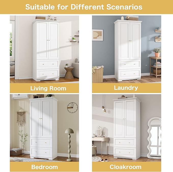 White Wardrobe with 2 Drawers: 74" Wooden Wardrobe Closet for Hanging Clothes, Tall Armoire Closet with 2 Doors, Bedroom Armoires with Hanging Rod (32")