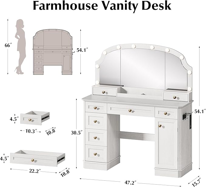 Farmhouse Makeup Vanity Desk with Mirror and Lights, 47'' Vanity Table with 8 Storage Drawers 1 Cabinet & 2 Organizer Trays, Big Dressing Table with Charging for Bedroom Classic White