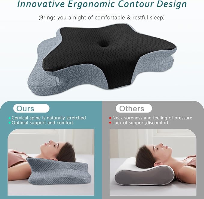 CHxxy Cervical Pillow for Neck Pain Relief, Memory Foam Pillows, Ergonomic Contour Bed Pillow, Soft for Side Sleep Stomach Sleeping and Back Sleepers-Queen Size Black&Dark Grey