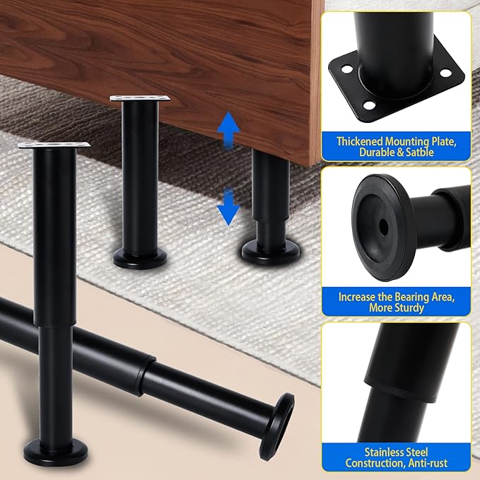 4 PCS Adjustable Height Bed Support Legs [with 18PCS Screws] for Bed Frame/Bed Center Slat, Heavy Duty Furniture Replacement Legs 7.08-12.2 inch for Sofa/Cabinet/Couch/Dresser/Table (Black)