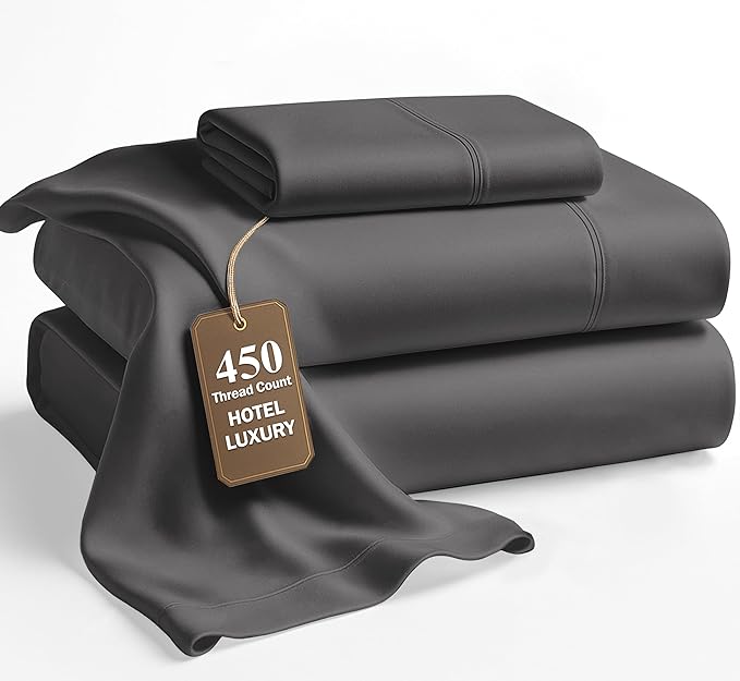 LANE LINEN Twin XL Sheets Set - 450 Thread Count Premium Sateen Weave for Smooth & Gentle Feel On Skin - Extra Soft & Breathable 100% Cotton Sheets Set - Fits Mattresses Upto 15'' Deep - Charcoal