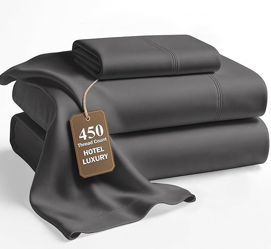 LANE LINEN Twin Bed Sheets Set - 450 Thread Count Sateen Weave for Smooth & Silky Feel On Skin - Breathable 100% Cotton Sheets for Single Beds - Fits Mattresses Upto 15'' Deep - Charcoal