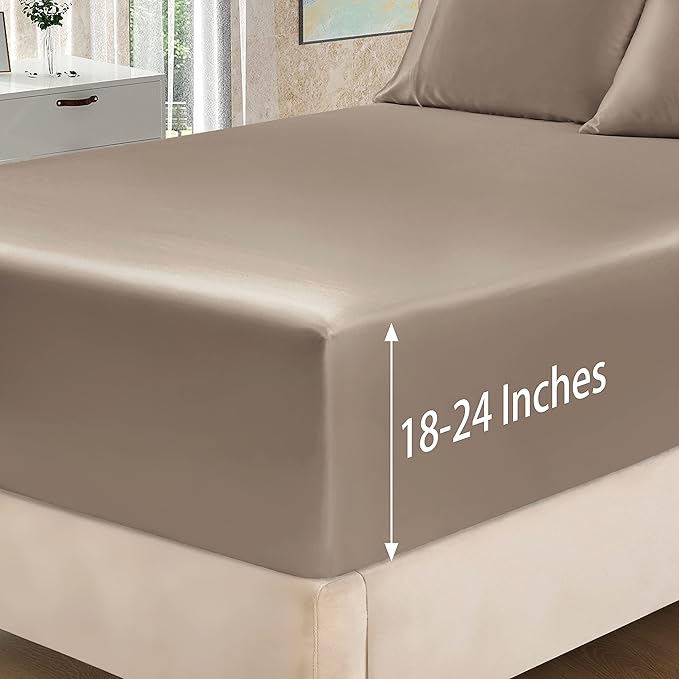Homiest 4pcs Extra Deep Pocket Satin Sheets King Size Bed Set, 18-24 Inch Deep Pocket Taupe Sheet Set, Silky Luxury Bedding Fitted Sheet Fits Ultra Deep Mattress