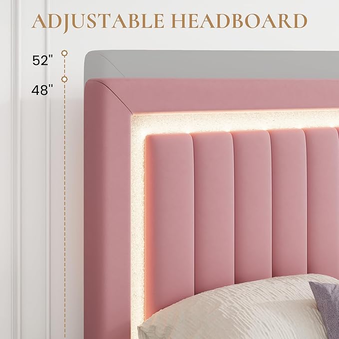 SHA CERLIN Queen Size Velvet Bed Frame with LED Light, Adjustable Vertical Channel Tufted Headboard, Strong Wooden Slats Support, Noise-Free, No Box Spring Needed, Pink