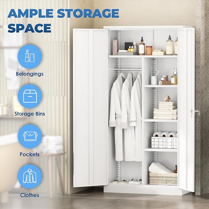 INTERGREAT Metal Storage Cabinet,Armoire Wardrobe Closet with 4 Adjustable Shelves and Hanging Rod,Metal Wardrobe Cabinet with Lockable Doors for Home Office,Warehouse,Garage,White