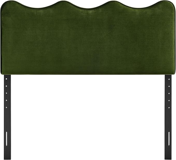 Monday Athena Queen Size Performance Velvet Adjustable Headboard in Moss Green - with Scalloped Wave Design and Stain-Resistant Velvet Upholstery