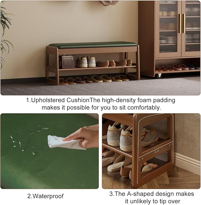 AQIMUELE Shoe Rack Bench,2 Tiers Shoe Bench with Storage with Flip-Top,Wood Shoe Rack for Entryway,Hallway（Green Upholstered Seat,11.8" D x 31.5" W x 15.7" H）