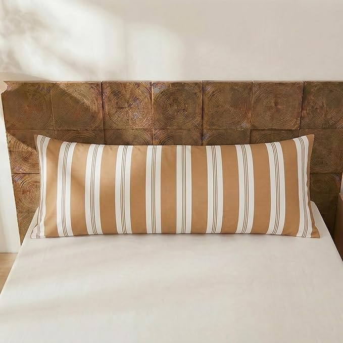 Merryword Striped Body Pillow Cover 20x54inches, 100% Cotton Long Pillowcase, Khaki Striped Pillowcase, Soft Breathable Stripe Pillowcase, 1-Piece