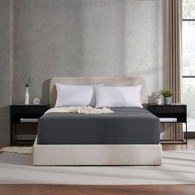 Nestl Dark Grey California King Fitted Sheet Extra Deep Pocket, Hotel Luxury Cal King Fitted Sheet Only Easily Fits 18 to 24 Inch Mattress, Super Soft, Wrinkle-Free, and Breathable with Corner Straps