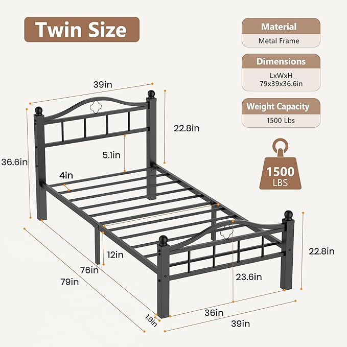 Metal Twin Bed Frames, 1500lb No Squeak Metal Platform with Headboard, 12" Underbed Storage, Tool-Free 30-Min Assembly No Box Spring Needed for Dorms/Apartments