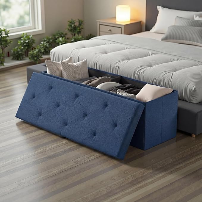 DUMOS Foldable Storage Ottoman Bench 43in, Storage Chest, Large End of Bed Foot Rest Stool with Padded Seat, Bedroom Bench for Living Room, Support 660lbs, Blue