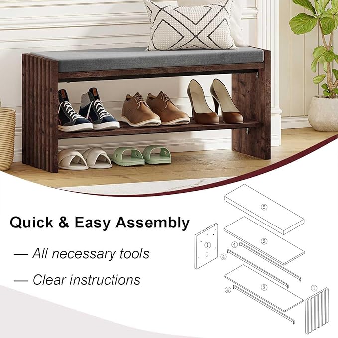 BON AUGURE 40" Storage Bench with Plush Cushion & 2-Tier Organizer, Modern Entryway Ottoman Bench for Hallway, Mudroom, Bedroom (Rustic Oak)