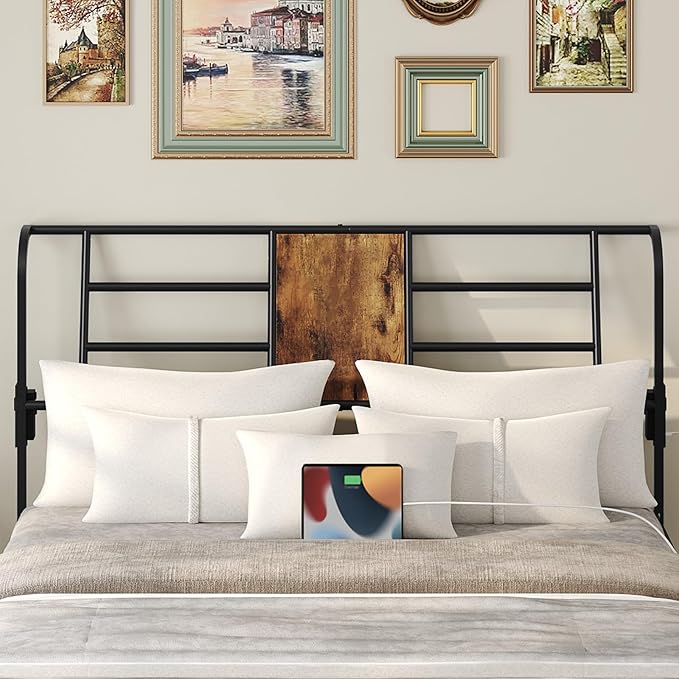MAHANCRIS King Size Headboard Only, Metal Headboard with 2 Power Strips, Reclining Backrest, with Bed Frame Adapters, Easy Assembly, Rustic Brown and Black