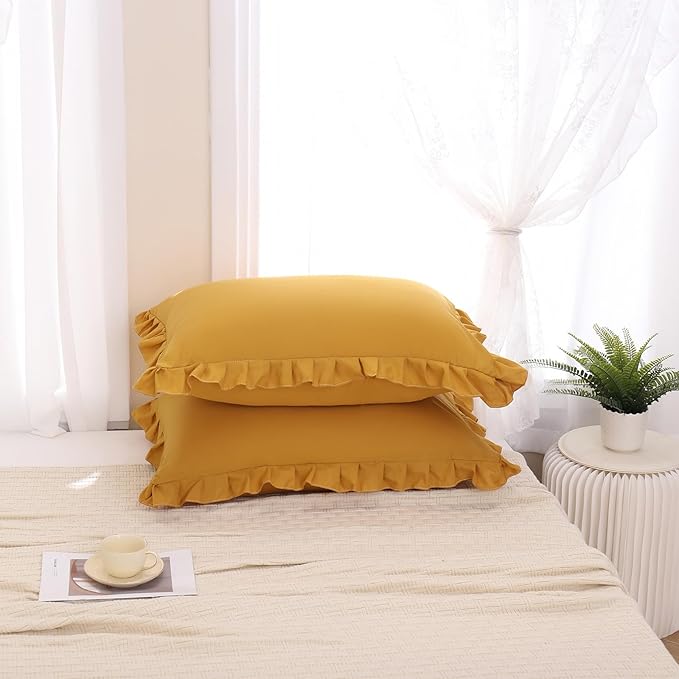 Merryword Mustard Yellow Pillowcases QueenPillowcases Set of 2 Ruffle Pillow Shams Cute Pillow Covers Solid Ruffled Fringe Design Yellow Shabby Chic Pillowcases 2 Pack