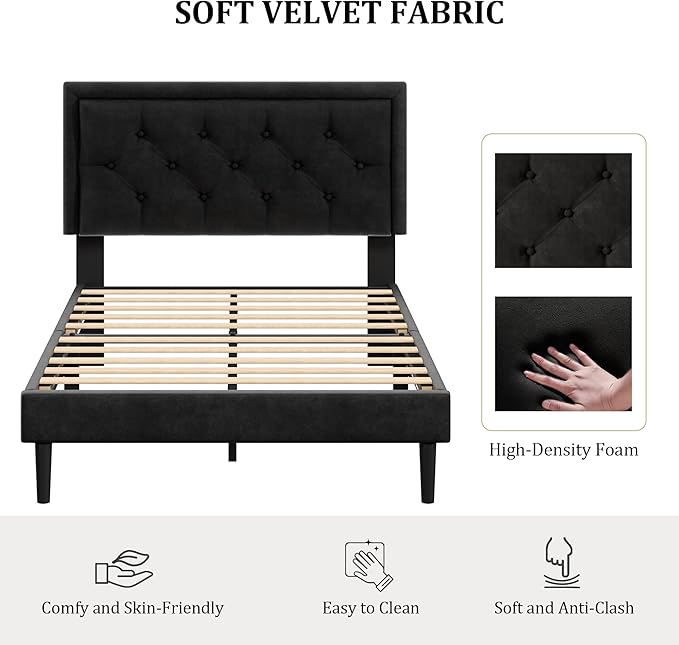 CXVX Full Size Platform Bed Frame with Upholstered Velvet Button Tufted Headboard, Mattress Foundation with Wooden Slat Support, No Box Spring Needed, Easy Assembly, Noise Free, Black