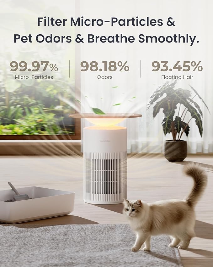 SwitchBot Air Purifier Table for Home up to 3620 ft², HEPA Air Purifier with Pet Mode, Washable Filter, Aromatherapy, Cleans Odor Pets Hair Dust, Work with Matter HomeKit Alexa, Table Model-White