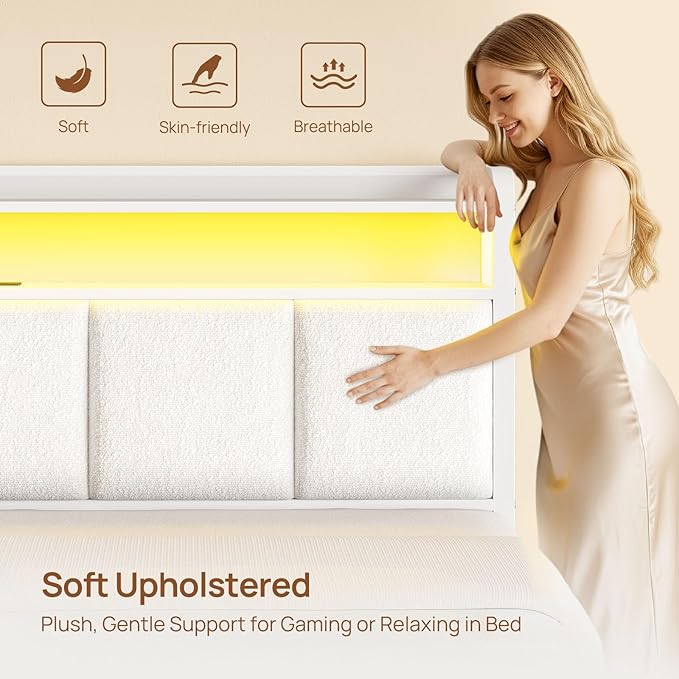 Rolanstar Bed Frame Twin Size with Charging Station and LED Lights, Upholstered Storage Headboard with Drawers, Heavy Duty Metal Slats, No Box Spring Needed, Noise Free, Easy Assembly, White