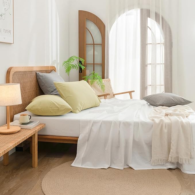 BESTOUCH 100% Washed Cotton Pillowcase for Hair and Skin Linen Feel Soft Comfortable Breathable 2 Set Pillow Case with Envelope Closure Solid Light Yellow King 20x36 Inches