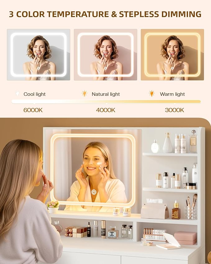 LIVELYGLOW Makeup Vanity Desk with Smart LED Mirror & Charging Station, 35.4" White Vanity Table Set with Cushioned Stool, 4 Drawers & Hairdryer Rack, Modern Bedroom Dressing Table-White
