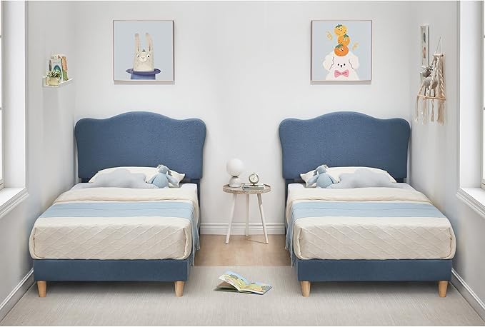 GarveeHome Upholstered Twin Size Bed Frame for Kids with Scallop Headboard, Cute Velvet Twin Bed for Girls, Boys, Sturdy Platform Bed, No Box Spring Needed, Wooden Slats, Noise Free, Dark Blue