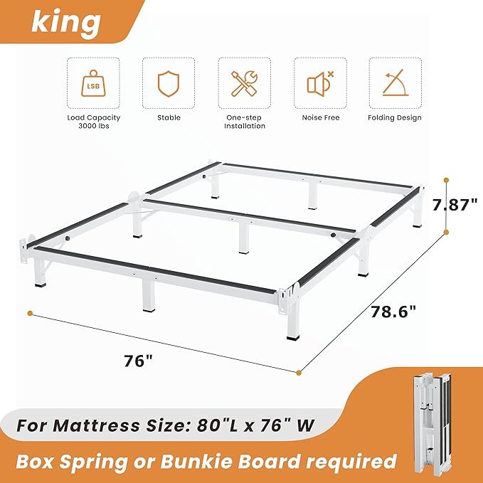 MAF Metal Bed Frame King, 9-Legs Support Bed Base, 8 Inches King Bed Frame for Box Spring and Mattress, Basics Bed Frame Headboard Attachable Tool-Free Easy Assembly, White
