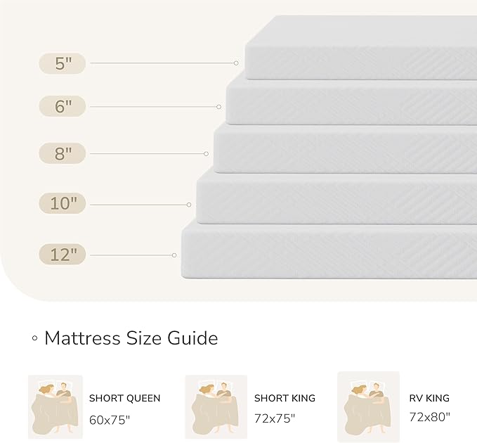MLILY Short Queen RV Mattress in a Box, 8 inch Mattresses for RVs, Campers & Trailers, Green Tea Memory Foam Mattress for Cool Sleep & Pressure Relief, Medium, 60" x 75"