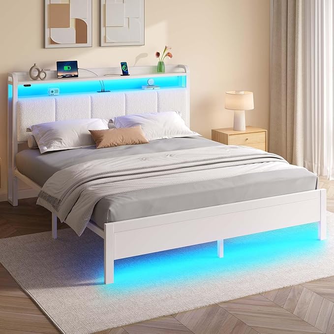 Rolanstar Bed Frame Queen Size with Charging Station and LED Lights, Upholstered Headboard with Storage Shelves, Heavy Duty Metal Slats, No Box Spring Need, Noise Free, Easy Assembly, White