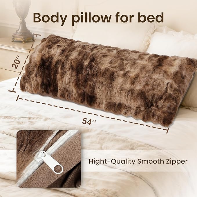 ZonLi Fluffy Body Pillow for Adults, Fuzzy Faux Fur Body Pillow with Shredded Memory Foam, Adjustable Support for Side Sleepers, Pregnancy & Decor, Gifts，20x54 Inch, Brown