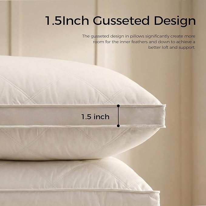 puredown® Goose Feathers and Down Pillows, 100% Organic Cotton Cover, Gusseted Pillow for Sleeping Hotel Collection Bed Pillows, King, Set of 2
