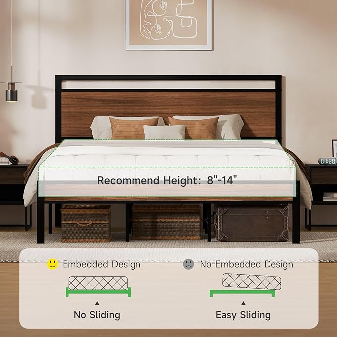 Z-hom King Metal Bed Frame with Wooden Headboard and Footboard, Heavy Duty Platform Frame with Metal Slats, No Box Spring Needed, Quiet and Non-Slip Design, Space Saving Bed Frame for Bedroom,Walnut