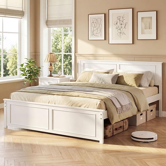 Giantex Wood Queen Size Bed Frame with Headboard, Farmhouse Solid Platform Bed w/Wooden Slat Support Mattress Foundation, Under-Bed Storage, No Box Spring Needed, White