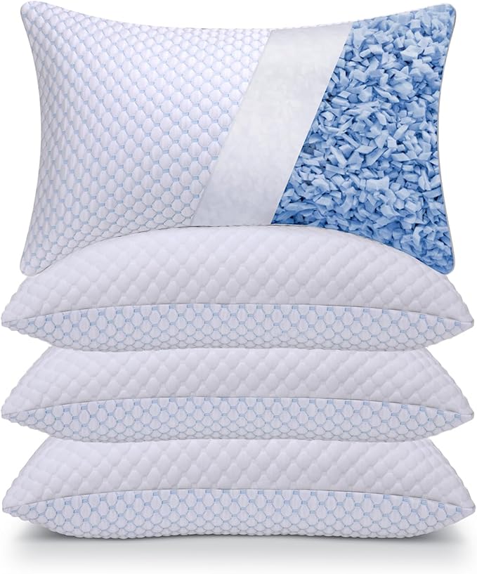 OSBED Adjustable Cooling Shredded Memory Foam Pillows King Size Set of 4 - Temperature-Regulating for Hot Sleepers with Dual Airflow Ventilation(CertiPUR-US & Hypoallergenic & Machine Washable)