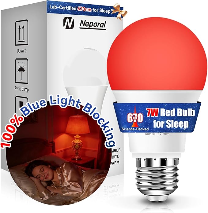 Neporal 670nm Red Light Bulb for Sleep, 100% Blue Light Blocking Bulb for Melatonin Promote, A19 7W LED 50W Red Light Bulb for Lamp, Sleep, Read, Baby Nursery, 1Pack (White When Off, Red When on)
