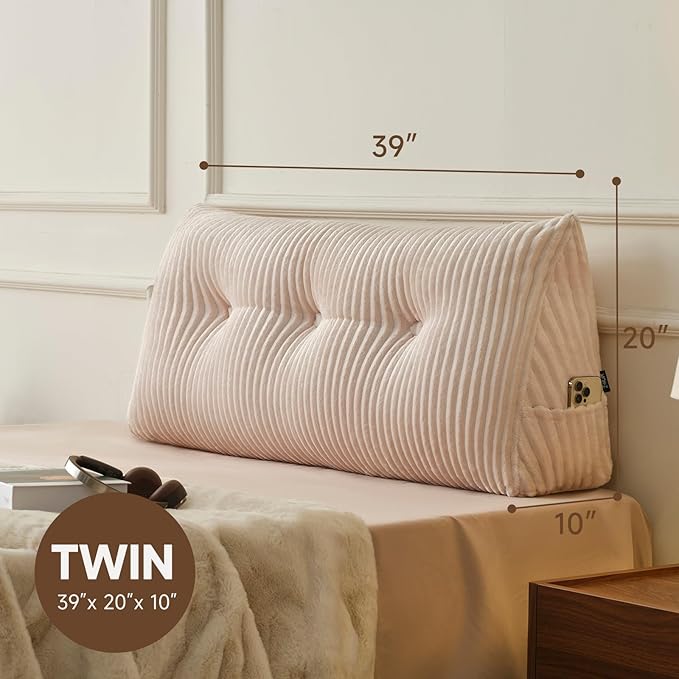 Z-hom Large Headboard Pillow Twin, NO ROLL Pillow, Wedge Pillow Headboard for Sitting Up in Bed, Backrest Support Triangular Cushion for Reading, Gap Pillow w/Removable Washable Cover,Cream