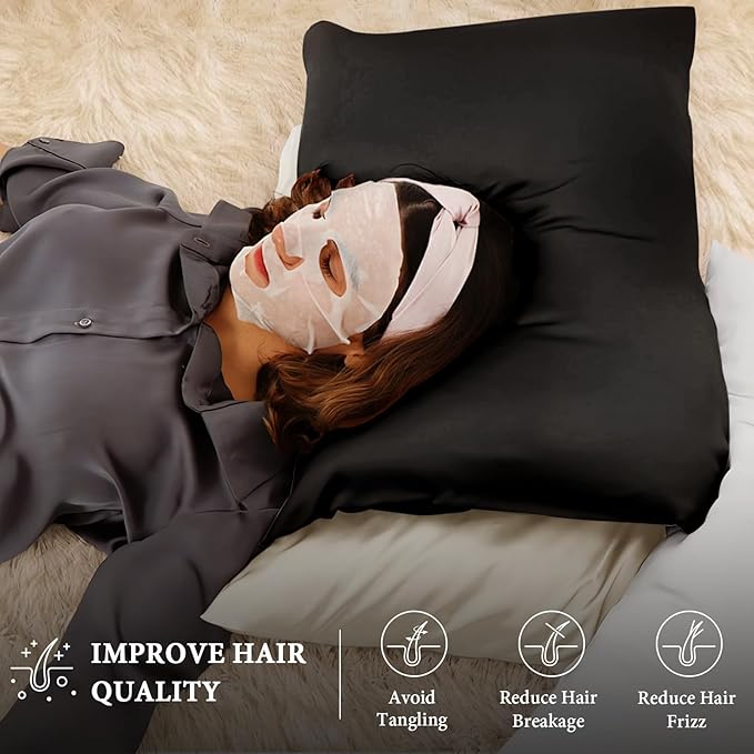 BHZ Black Satin Goose Down Feather Pillows King Size Set of 2 with Black Satin Pillowcase for Hair and Skin, Cooling Pillow Cases Similar to Silk Pillow Cases, Decor for Women, Mom
