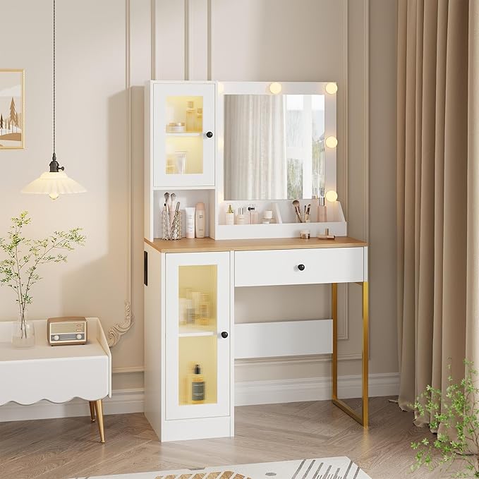 IDEALHOUSE Makeup Vanity Desk with Mirror and Lights, Vanity Table with Charging Station, 2 Open Compartments, 2 Acrylic-Door Cabinets, and RGB Lights Wood Dressing Table for Bedroom