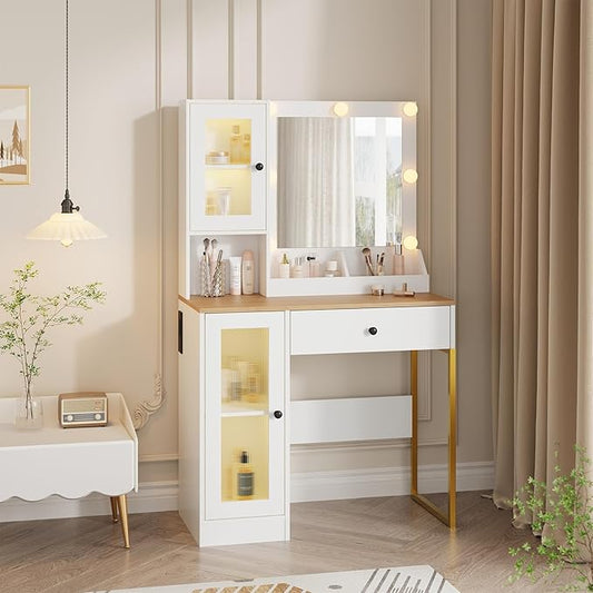 IDEALHOUSE Makeup Vanity Desk with Mirror and Lights, Vanity Table with Charging Station, 2 Open Compartments, 2 Acrylic-Door Cabinets, and RGB Lights Wood Dressing Table for Bedroom