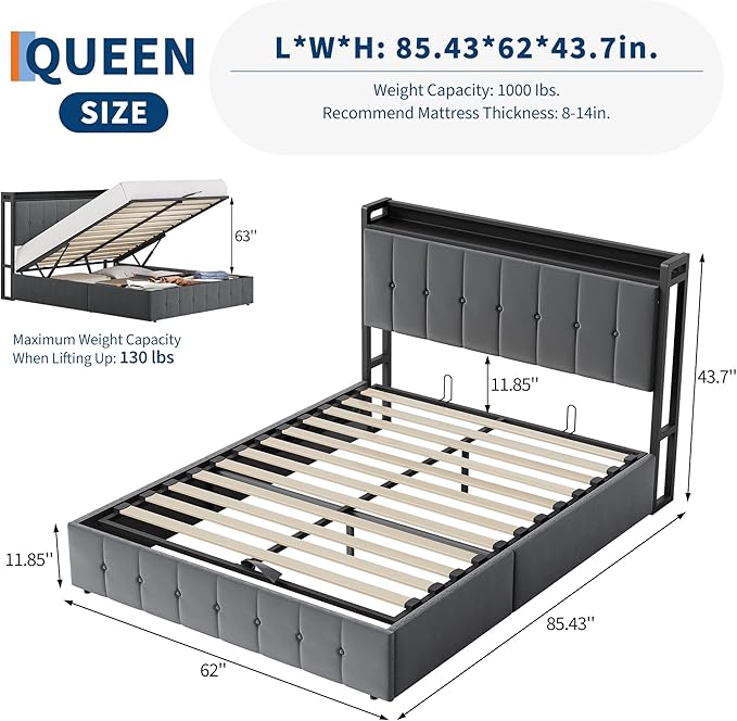 Garvee Queen Size Lift Up Storage Bed, Upholstered Velvet Bed Frame with Storage Headboard, Metal Platform Bed, No Box Spring Needed, Solid Wooden Slats, Noise Free, Grey