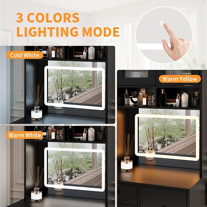 3-in-1 Make Up Vanity Desk with Mirror & Lights, Compact Vanity Table with Drawers, Storage Compartment and Rolling Stool, Modern Small Makeup Vanity and Storage Chair for Bedroom, Powder Room