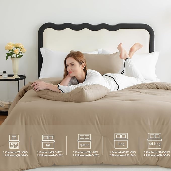 CozyLux King Size Comforter Set Taupe, 3 Pieces Solid Comforters King Size Breathable Quilted Bedding Sets, Luxury Soft Lightweight Bed Set with Down Alternative Comforter and 2 Pillowcases All Season