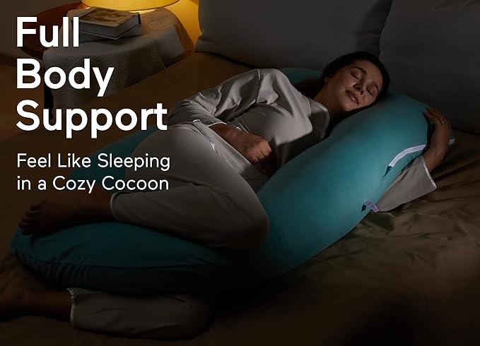 Momcozy U Shaped Pregnancy Pillows with Cotton Removable Cover, 57 Inch Full Body Pillow Maternity Support, Must Have for Pregnant Women, Tiffany Blue