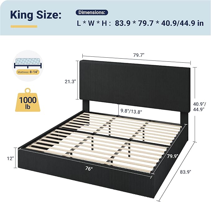 Allewie King Bed Frame, Upholstered Platform Bed, Adjustable Vertical Channel Tufted Headboard, Corduroy Fabric, Modern Low Profile, Wooden Slats, No Box Spring Needed, Easy Assembly, Black