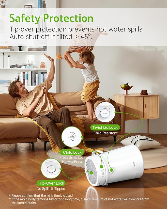 Stainless Steel Humidifier for Bedroom, Warm Mist Steam Humidifier 4L with Self-Cleaning Mode, Easy Clean Dishwasher Safe Humidifiers for Large room Living Room Home Office, Tip-Over Protection, White